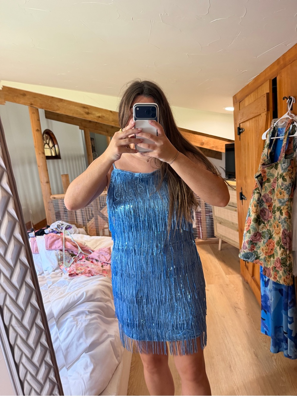 Blue Sequin Fringe Mini Dress